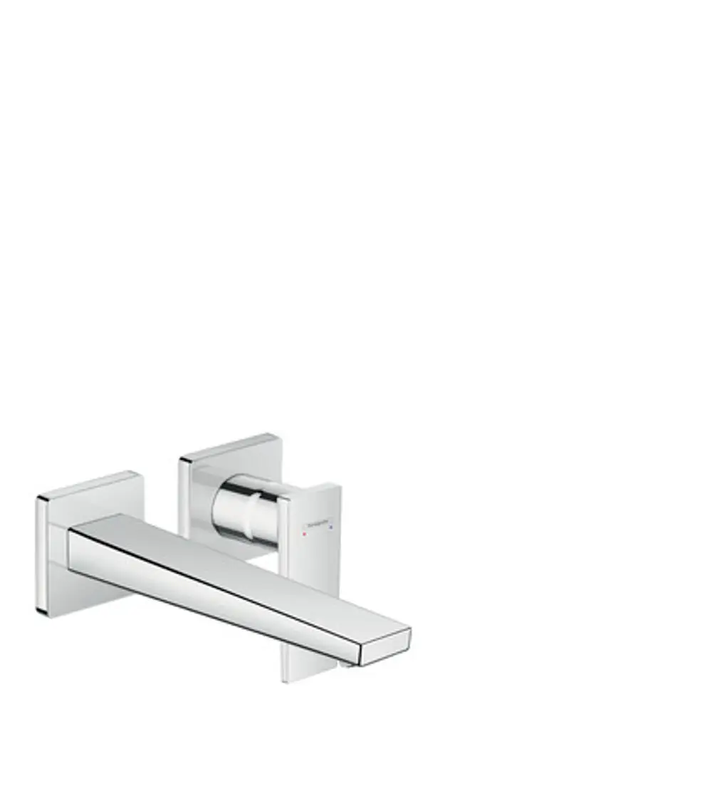 Wandmontierter Einhebel-Waschtischmischer von Hansgrohe mit geradem Auslauf und Hebelgriff in Chrom-Optik.